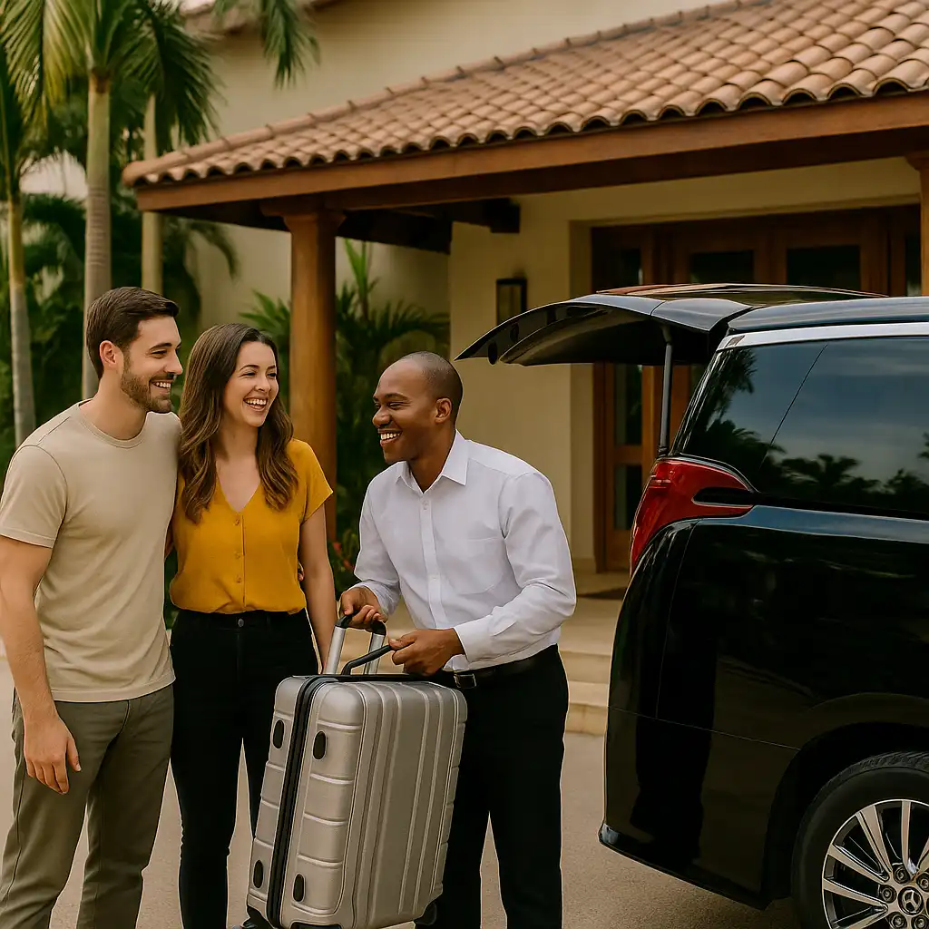taxi driver opens door of a couple couple arriving at a hotel in zanzibar