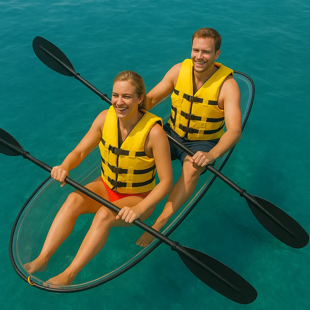 tourist couple using transparent kayak in zanzibar beach