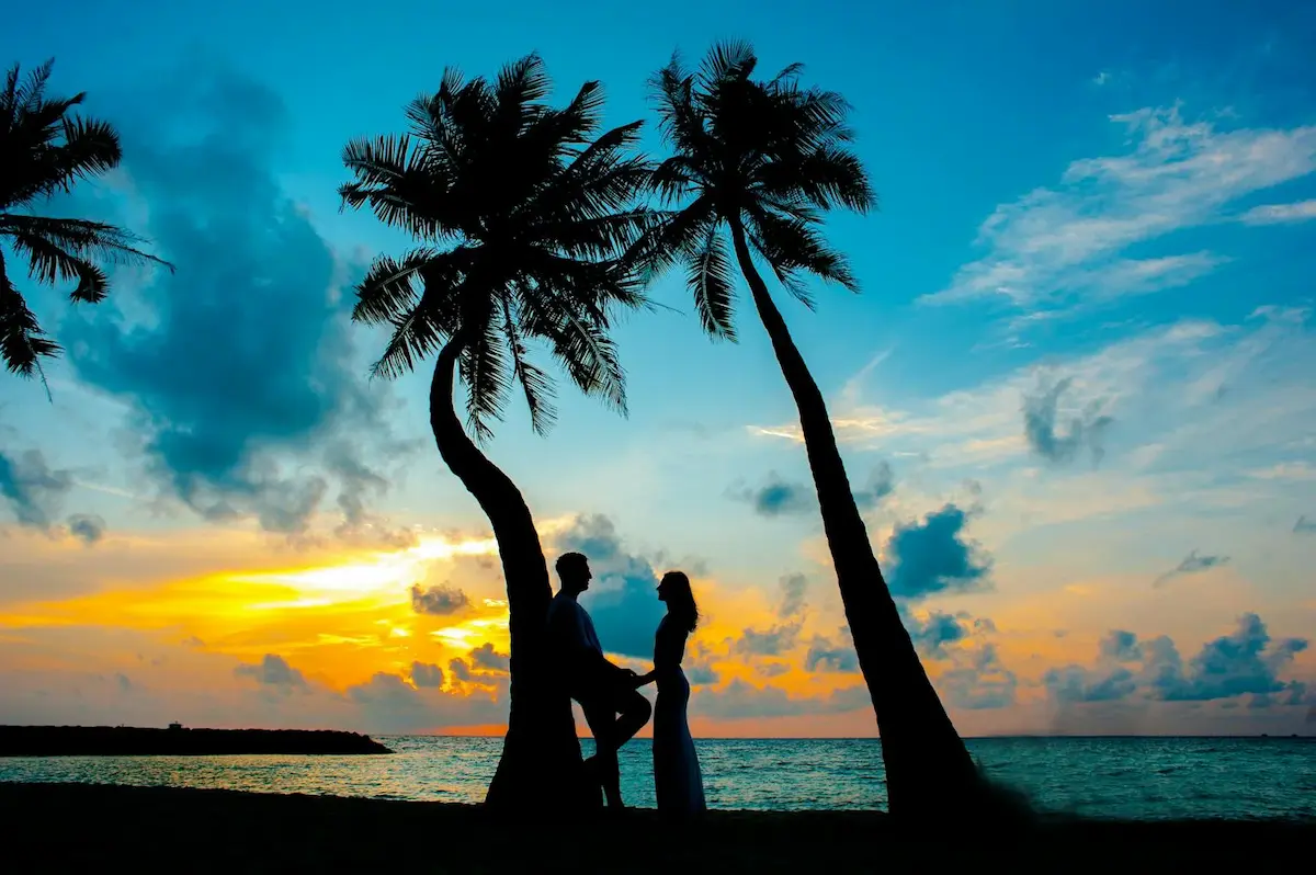 a couple holding hands in between palm trees on a sunset in zanzibar