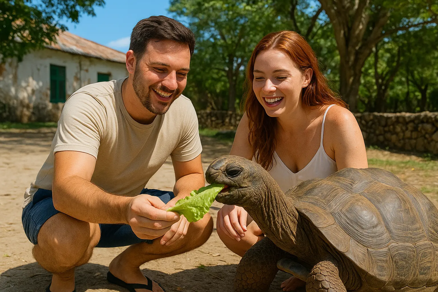 a young couple feeding tortoise in zanzibar