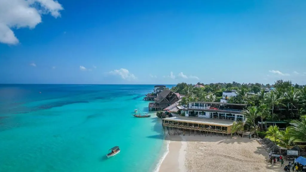 aerial view of a beach in zanzibar above a hotel