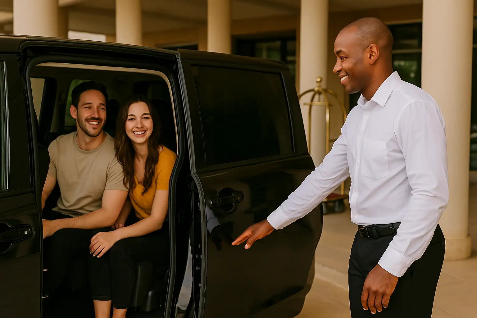 couple arriving at their destination in zanzibar and driver opening the taxi door.
