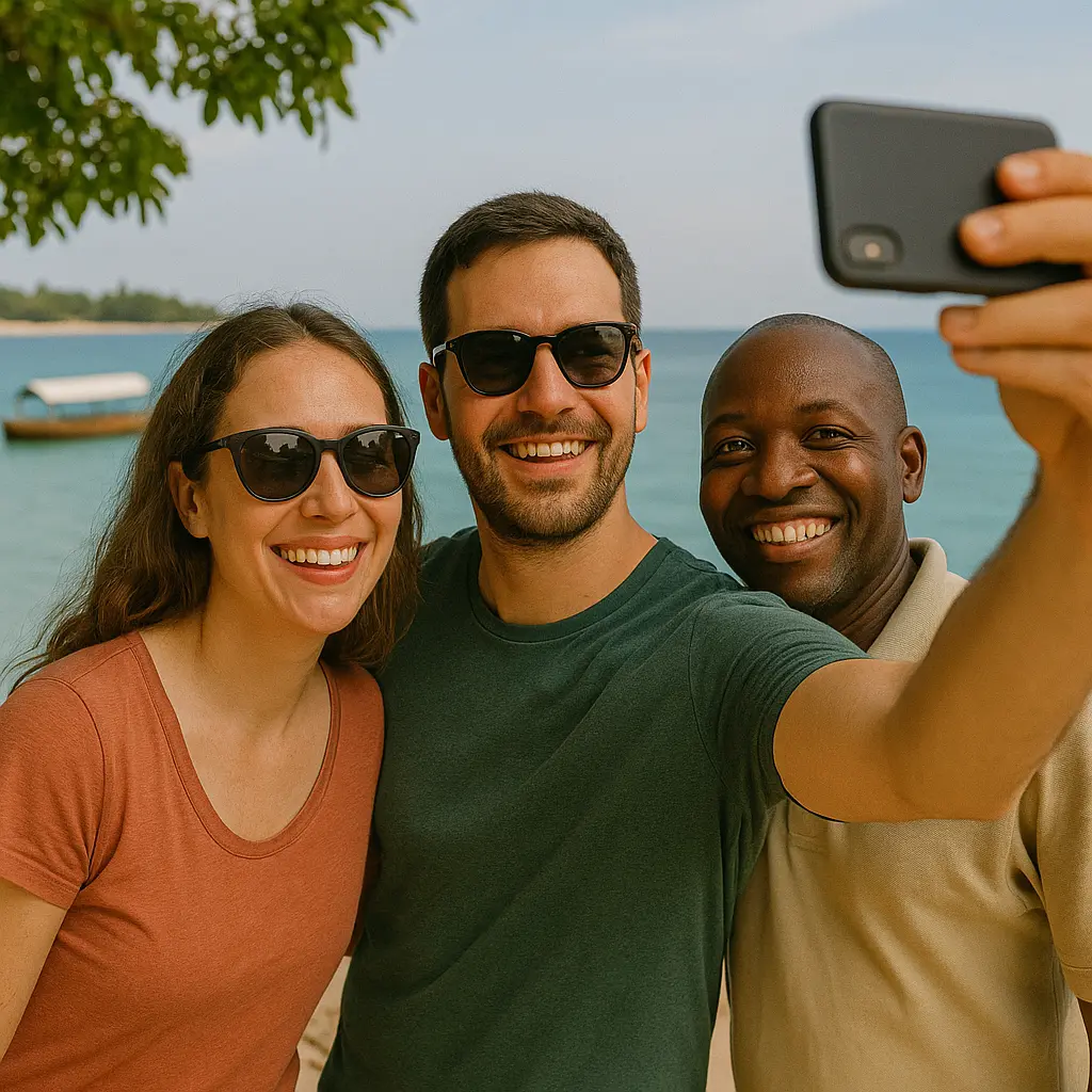 tourists taking a selfie picture with a guide in zanzibar